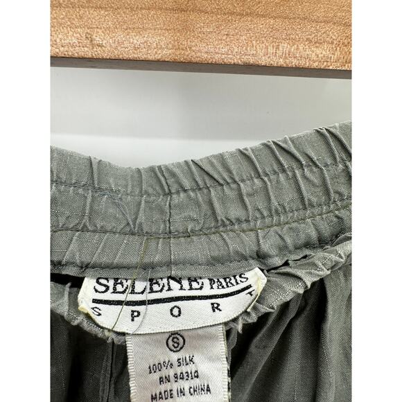 Selene Paris Sport Pants Women SMALL Green Elastic Waist Drawstring 100% Silk - Picture 6 of 8